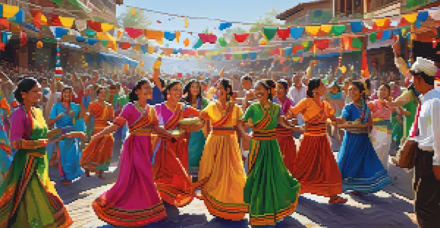 A lively cultural festival scene with participants in traditional attire celebrating with music, dance, and colorful decorations.