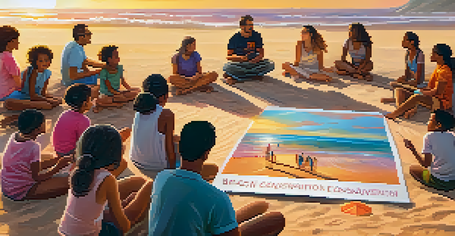 A local conservationist leading an educational workshop on the beach at sunset, with engaged participants.