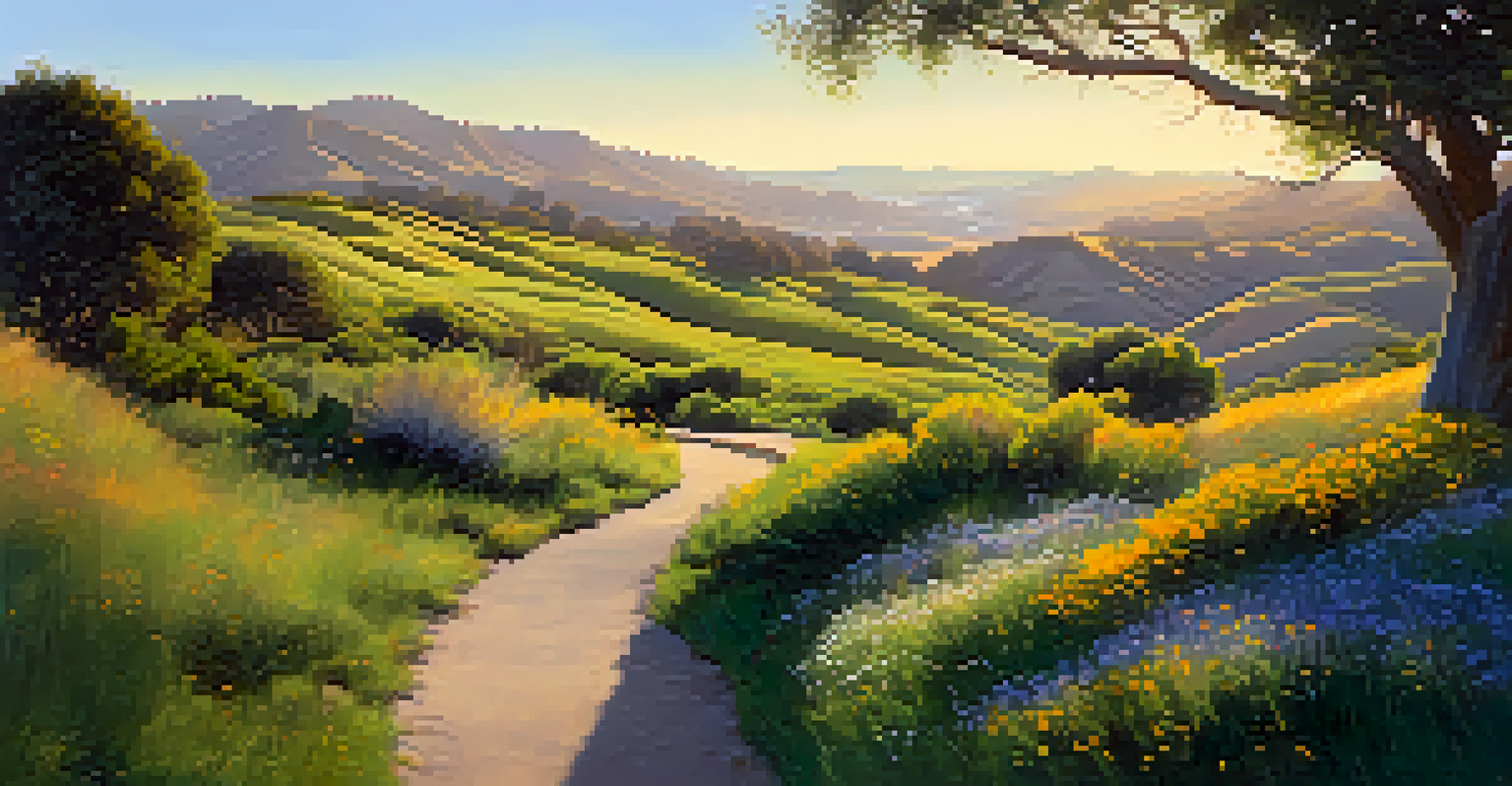 A picturesque view of Elings Park at golden hour, featuring rolling hills, vibrant wildflowers, and dramatic lighting effects.