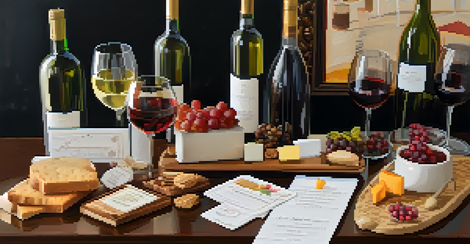 A wine tasting station with small tasting glasses, wine description cards, and various wine bottles, complemented by palate cleansers like crackers and bread on a stylish table.