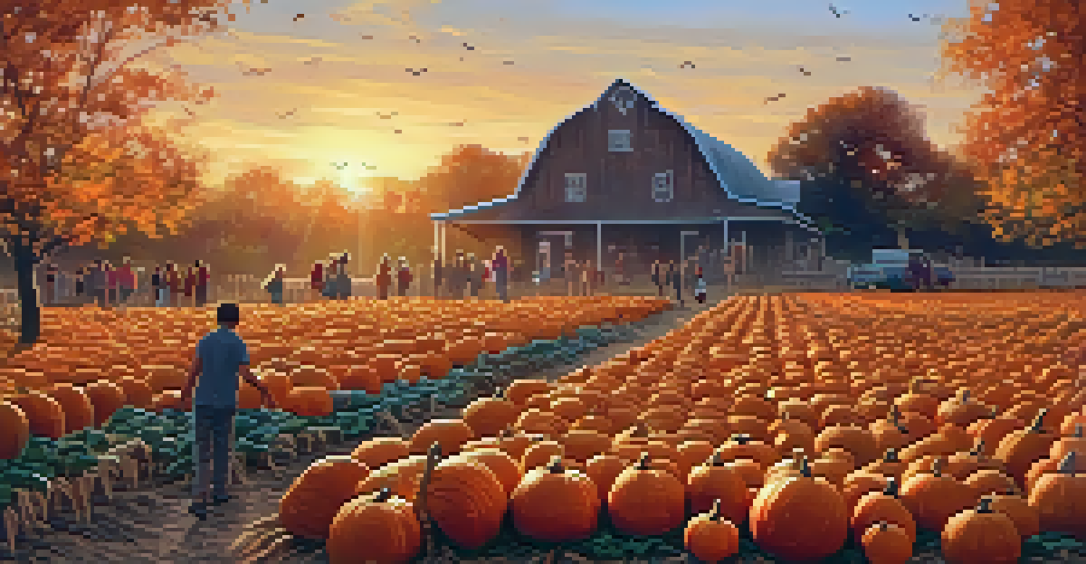 A scenic pumpkin patch at sunset, with families picking pumpkins and a corn maze in the background, surrounded by vibrant autumn colors.