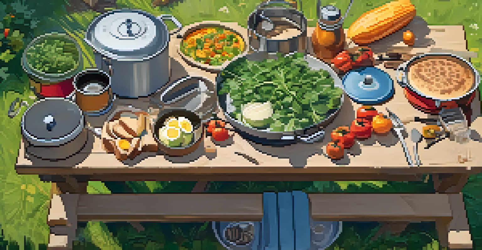 An organized camping kitchen setup on a picnic table with fresh ingredients and cookware.