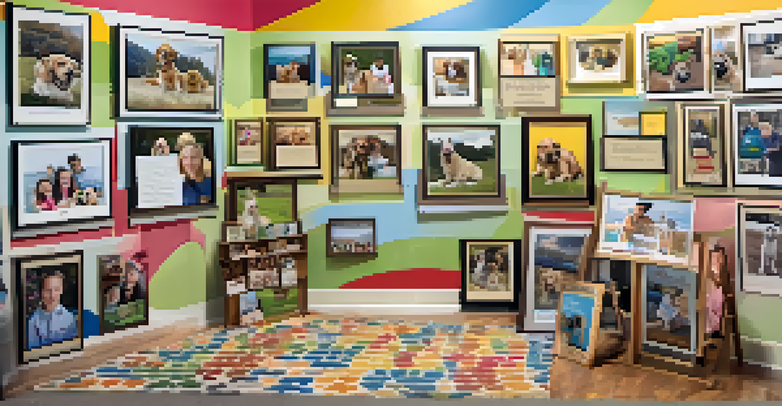A display board at a pet adoption event showcasing success stories and photos of happy adopted pets with their families.