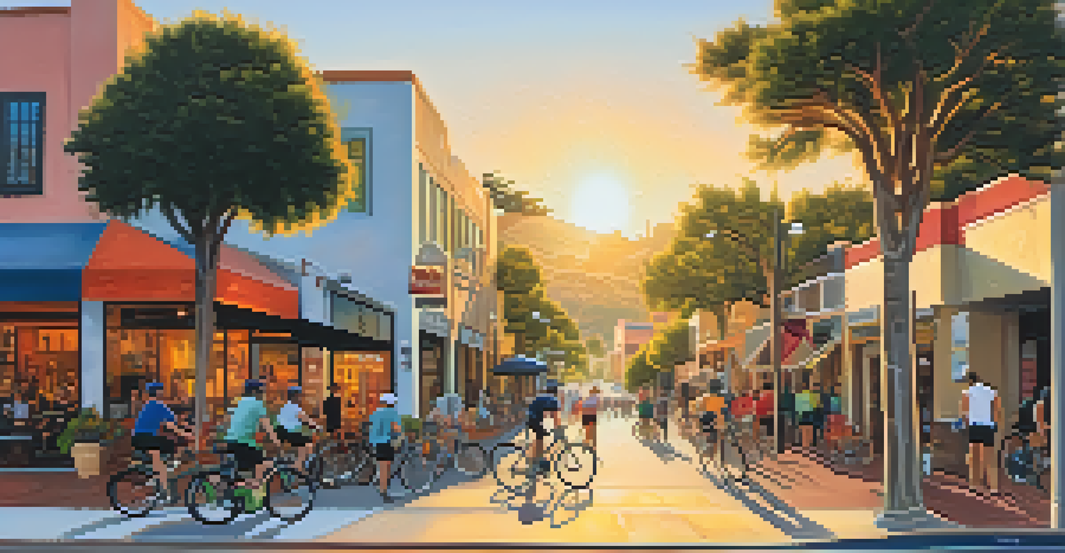 Cyclists exploring the Funk Zone with colorful street art and lively cafes.