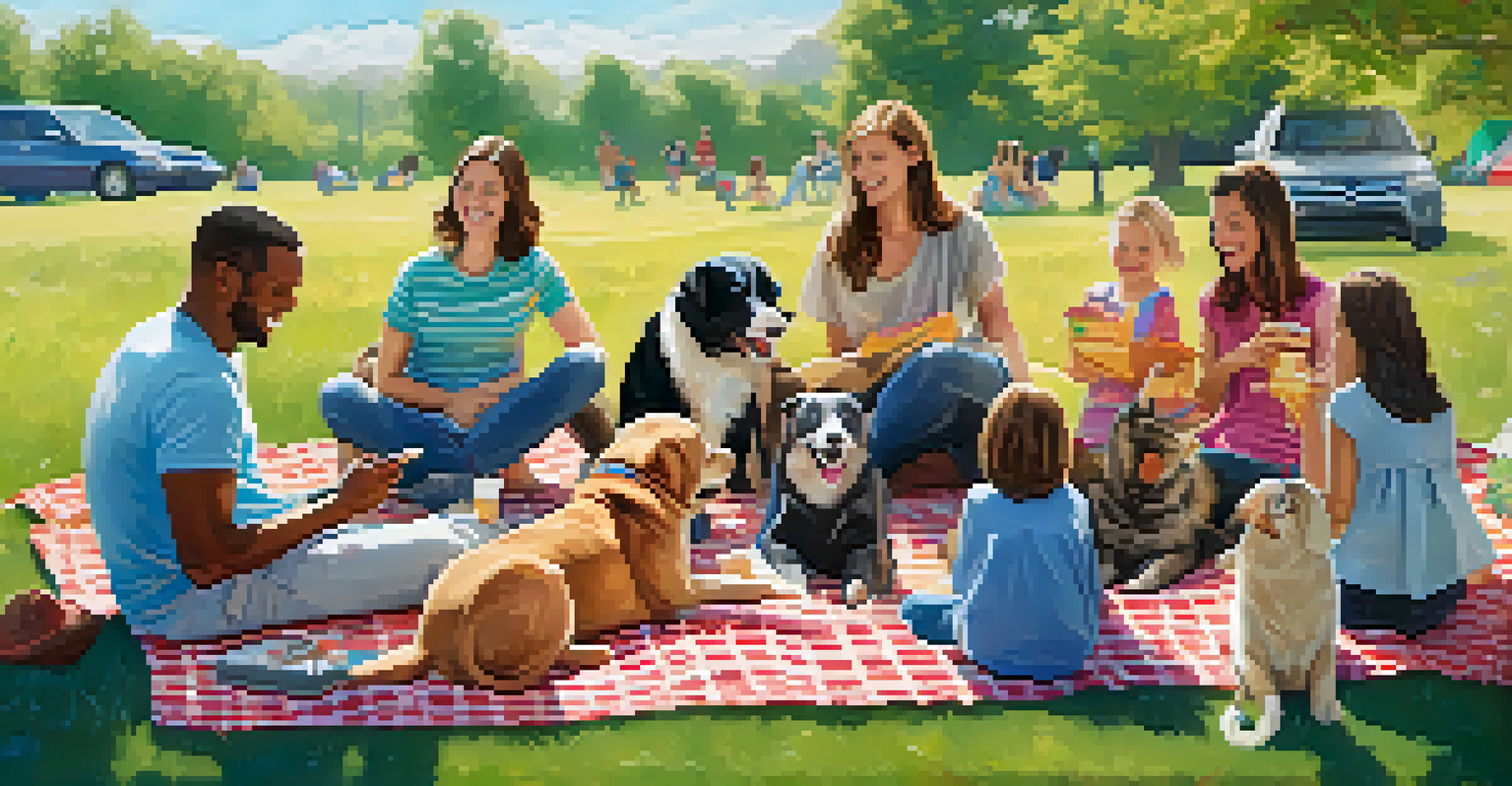 Friends and family enjoying a picnic at an animal adoption event, surrounded by smiling faces and playful pets.