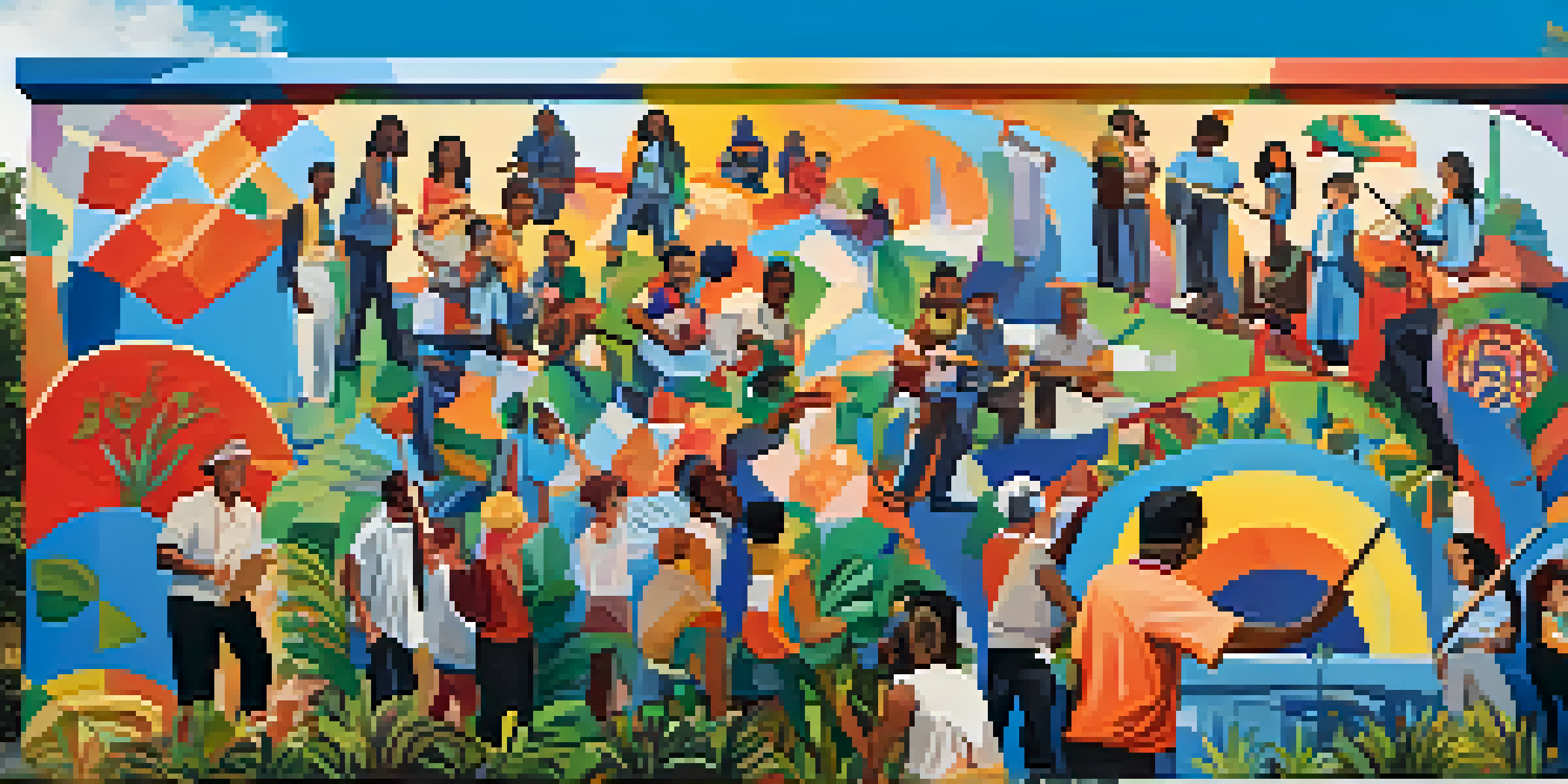 A colorful mural being painted by diverse community members, surrounded by greenery and blue sky.