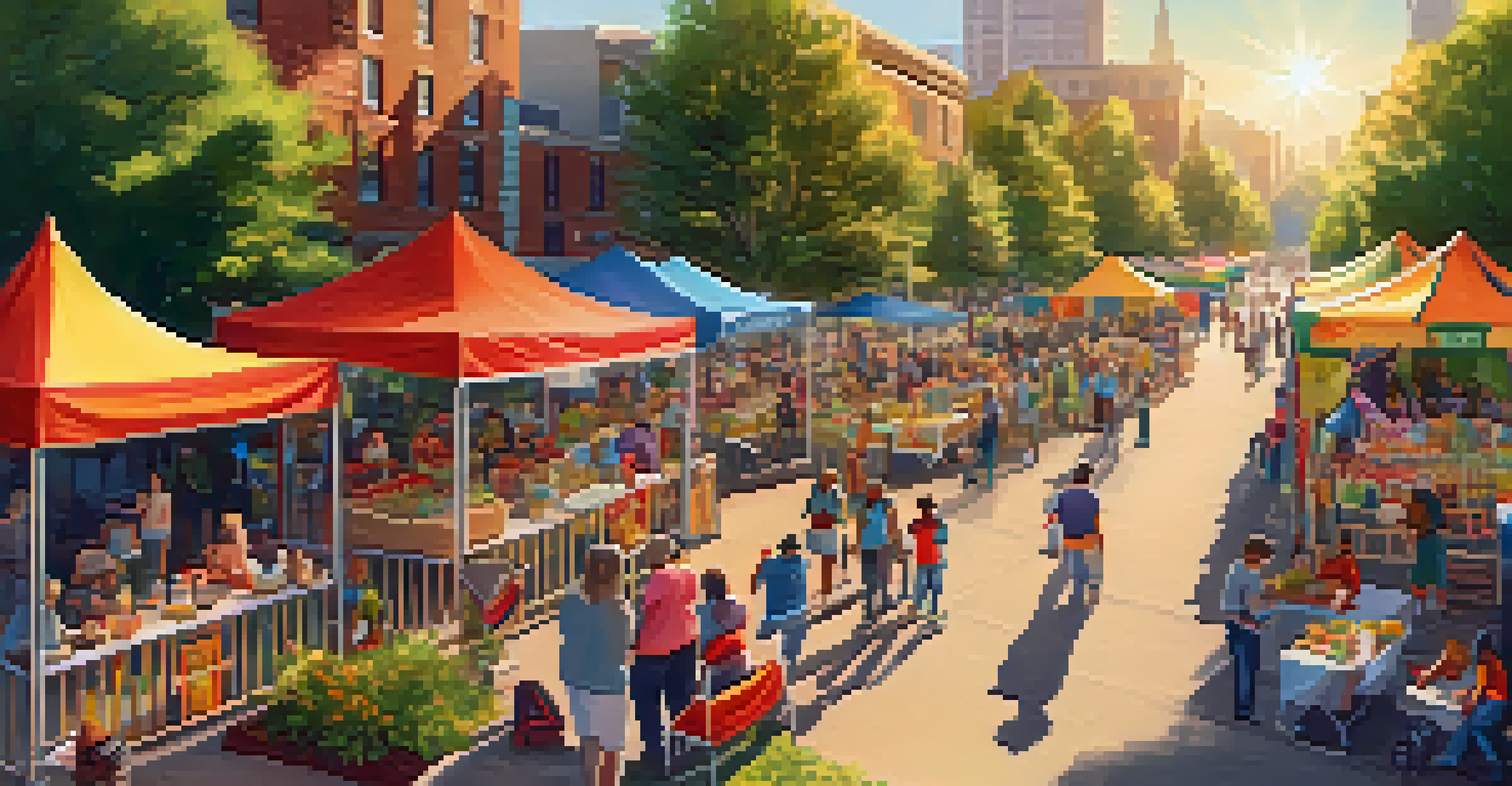 An overhead view of a community event with volunteers setting up booths in a park, filled with people and decorations.