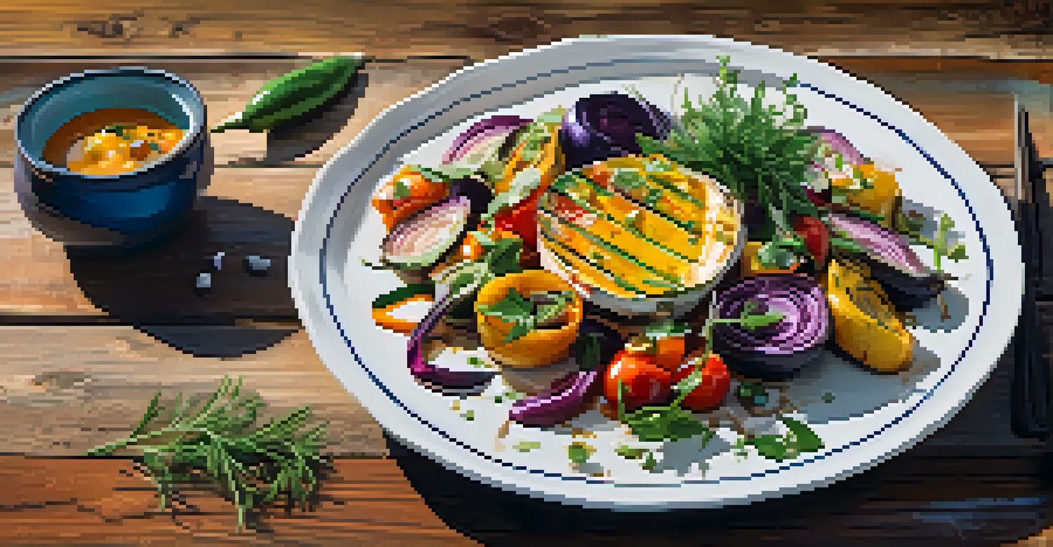 A beautifully plated dish with vibrant ingredients on a rustic wooden table, highlighting the fusion of traditional and modern culinary styles.