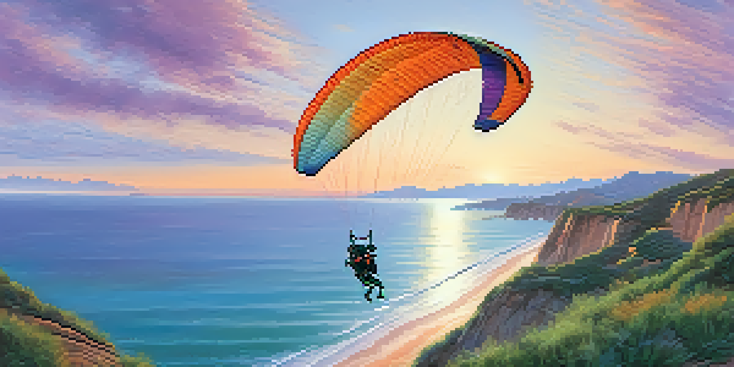 A paraglider flying above a stunning sunset over the coastline, with colorful reflections in the water and soft sandy beaches below.