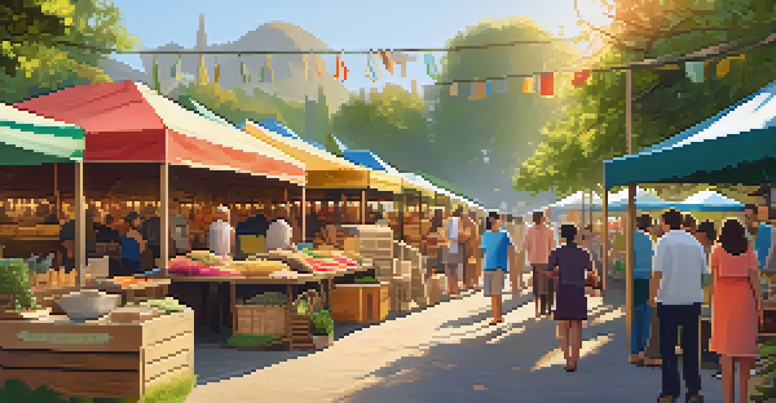 An outdoor craft market with colorful stalls and artisans engaging with customers, surrounded by greenery and warm golden hour light.