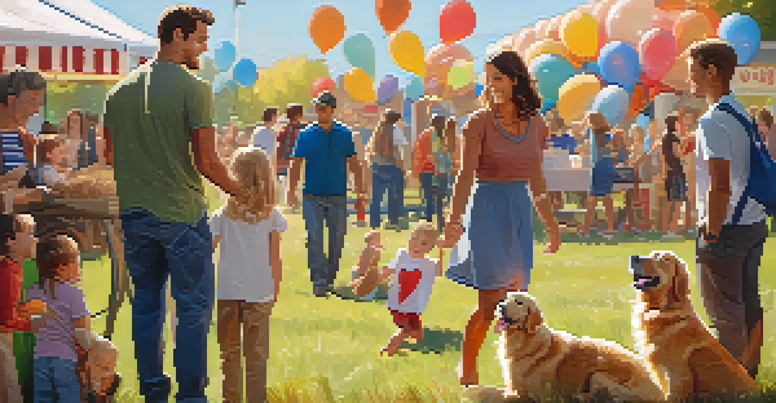 A family happily adopting a dog at an animal rescue fair, surrounded by a festive atmosphere.