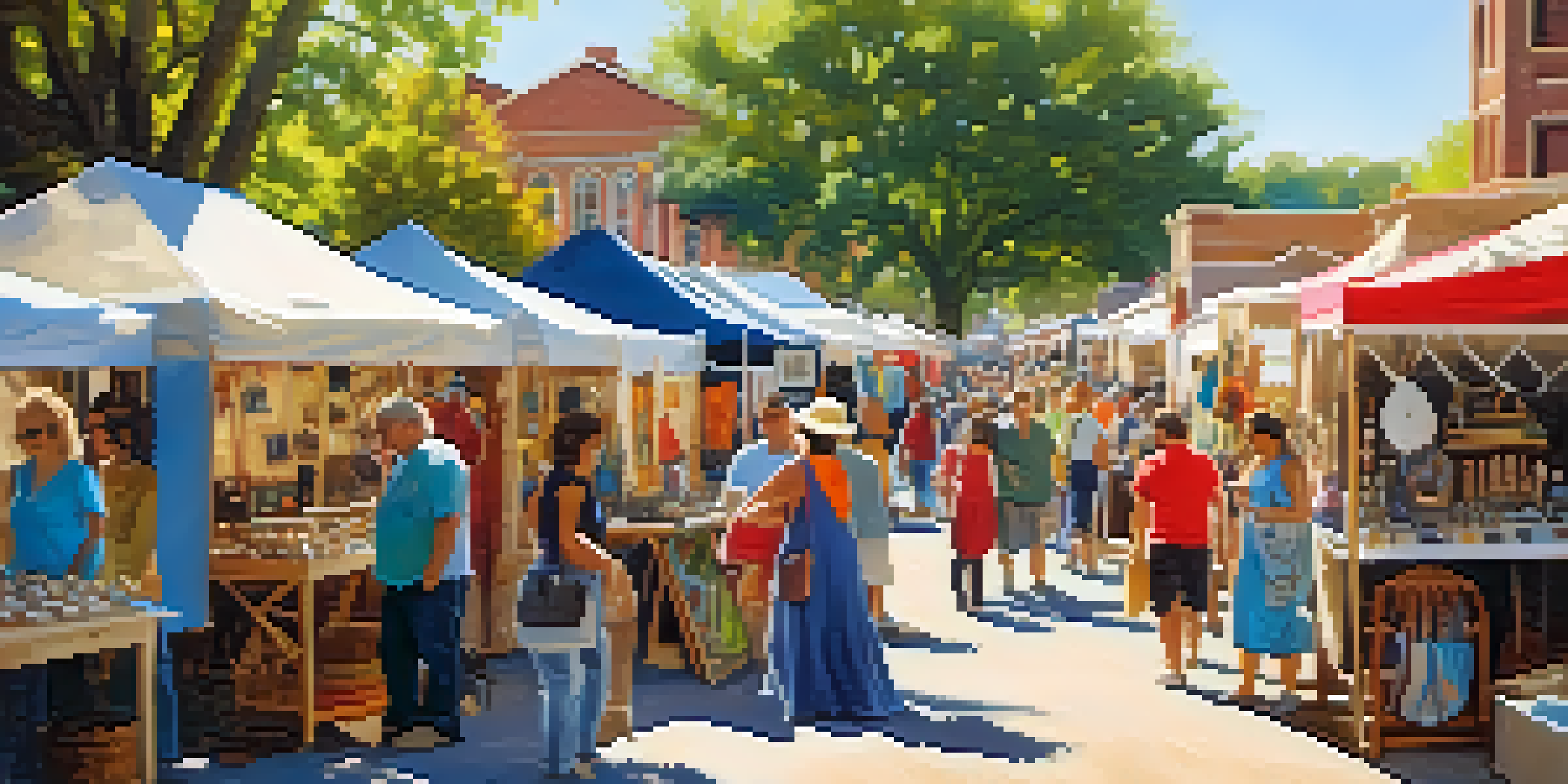 A colorful craft fair with booths displaying handmade items and visitors interacting with artisans.