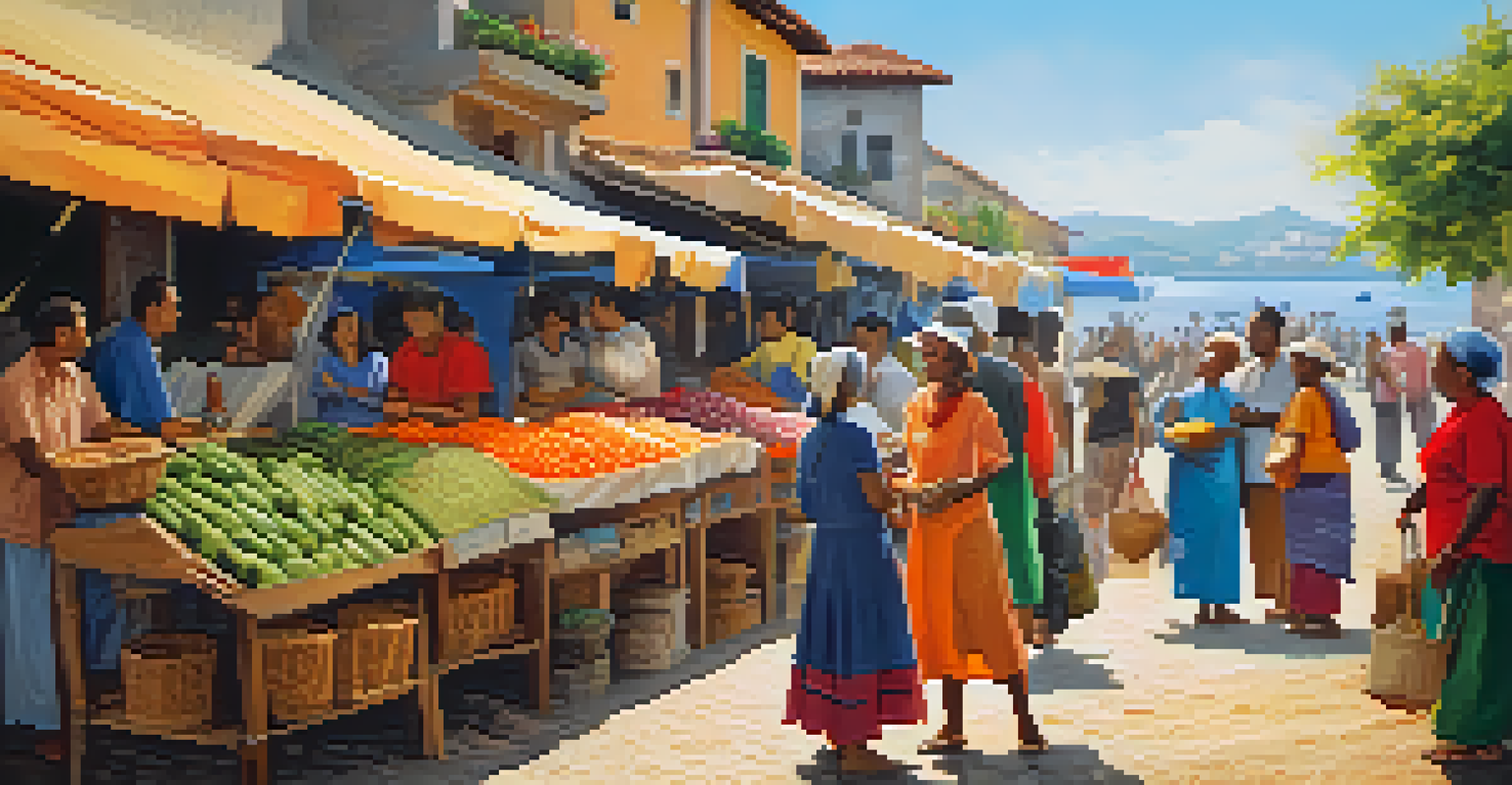 Travelers interacting with local market vendors in a colorful coastal village filled with fresh produce and crafts.