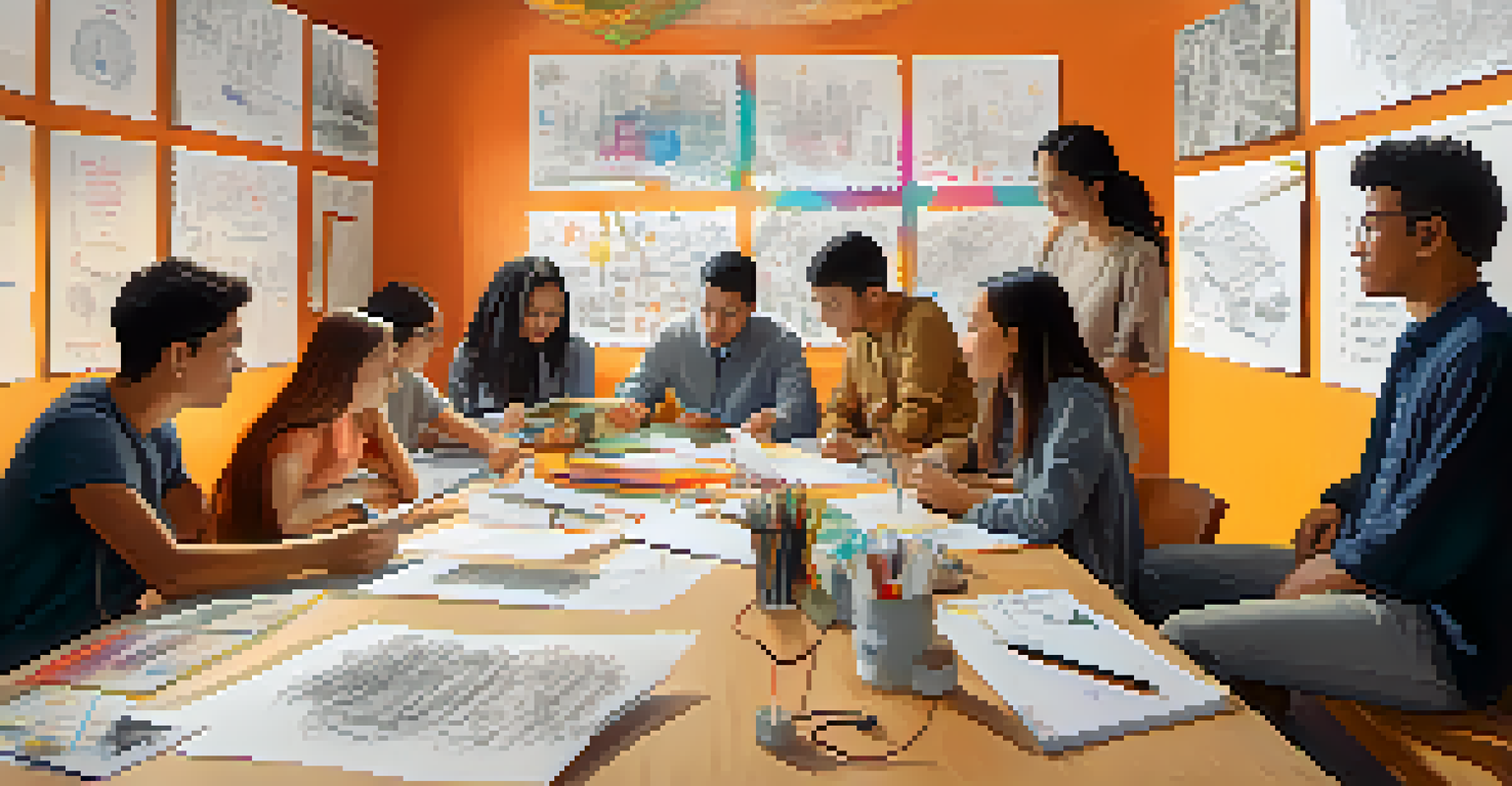 A diverse group of young innovators collaborating on ideas at a large table, surrounded by sketches and colorful decor that inspire creativity.