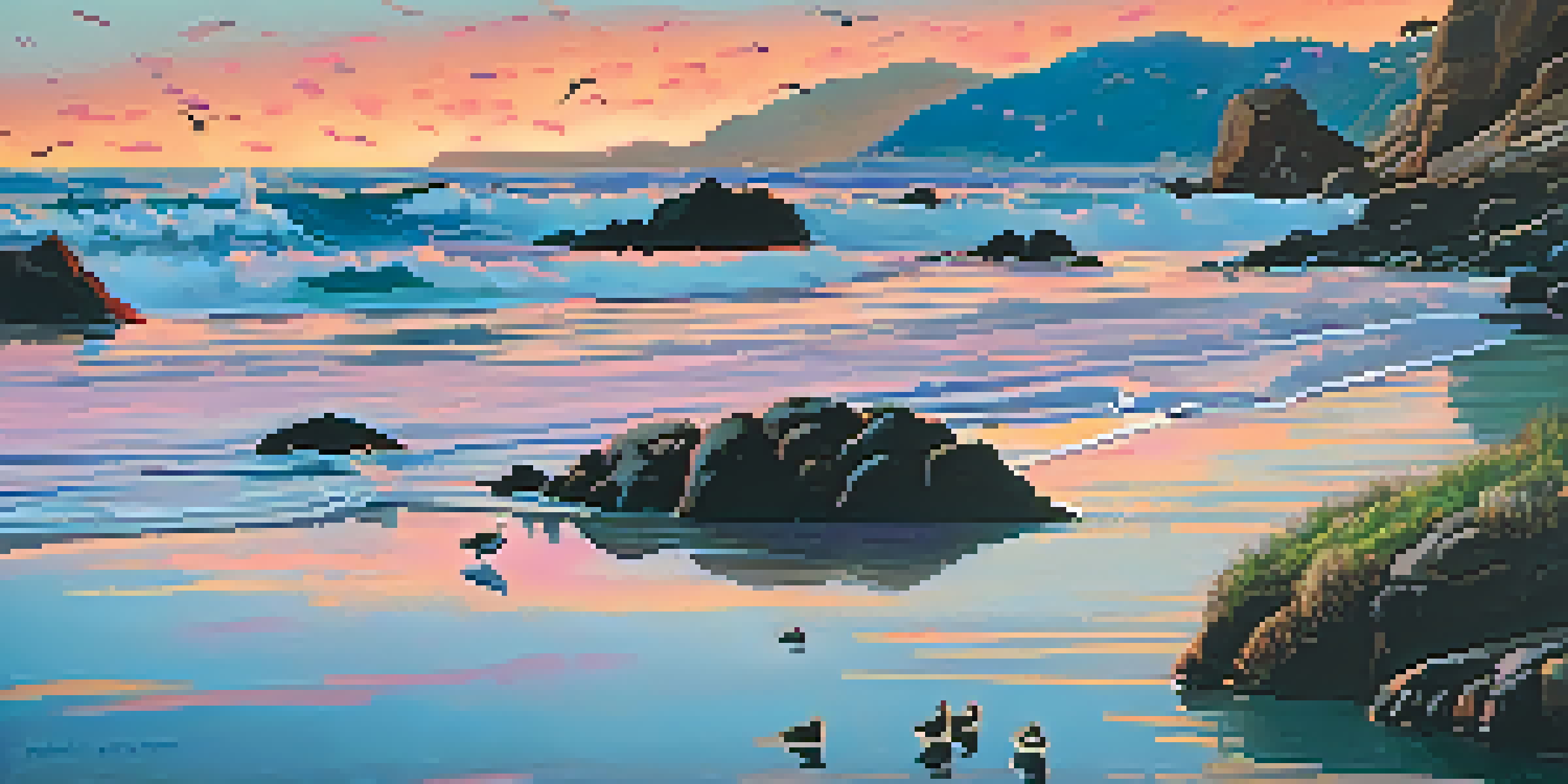 A picturesque sunset over the Santa Barbara coastline, with waves, seabirds, sea otters, and rocky cliffs in the background.