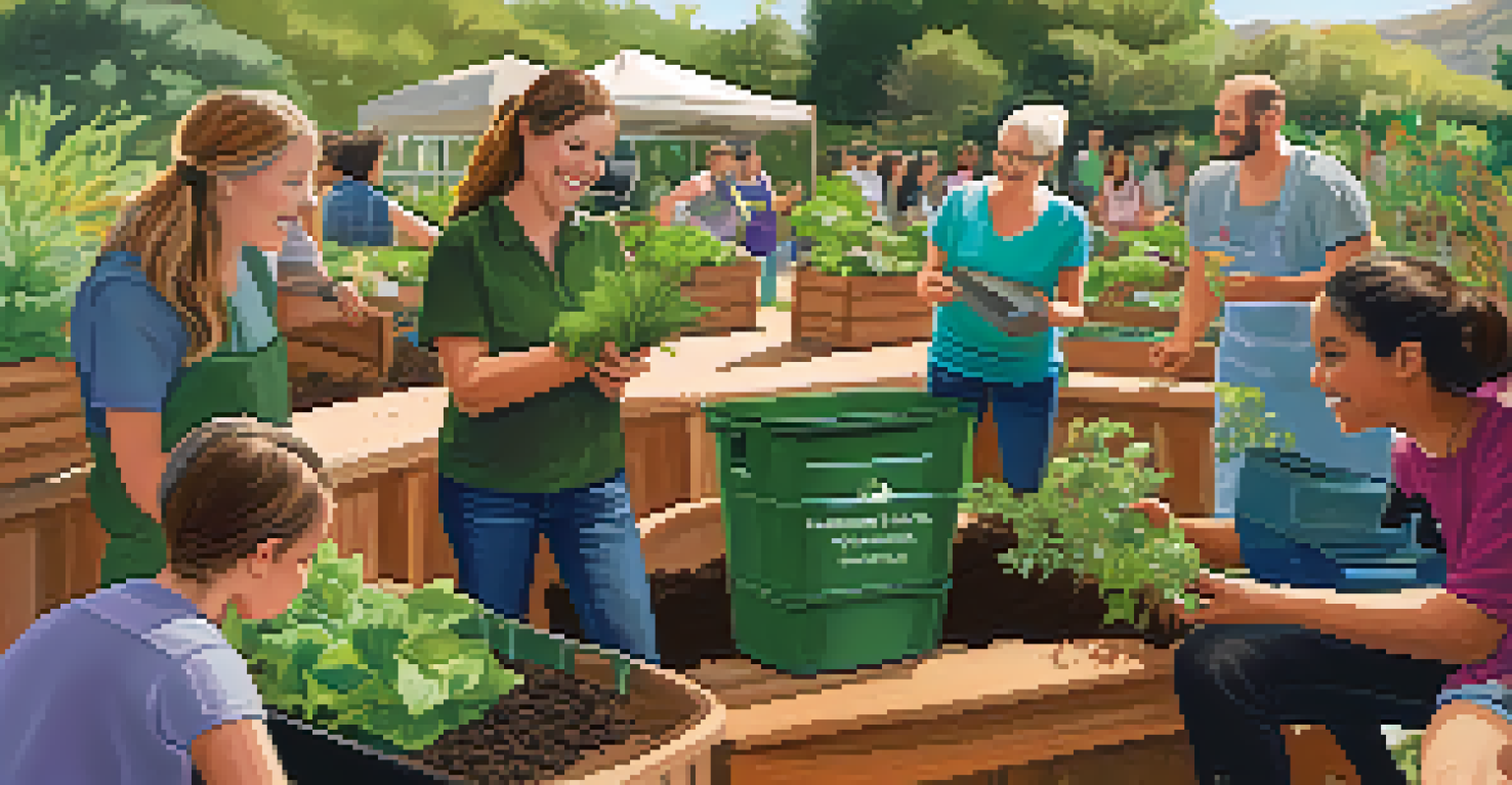 Residents attending a composting workshop in a community garden, observing hands-on demonstrations around a compost bin.