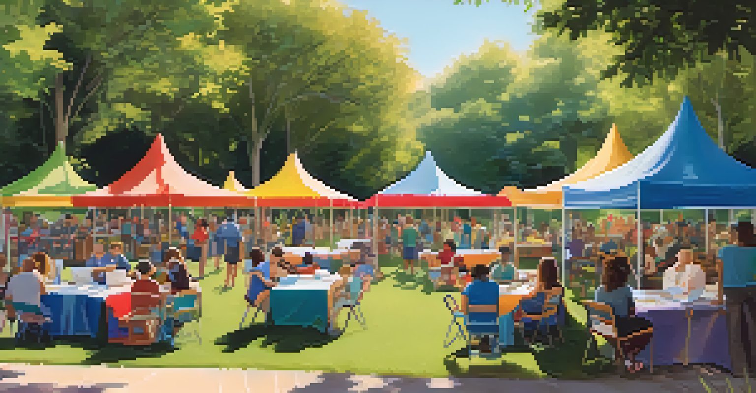 An outdoor library event in a park with families enjoying storytelling and local authors signing books.