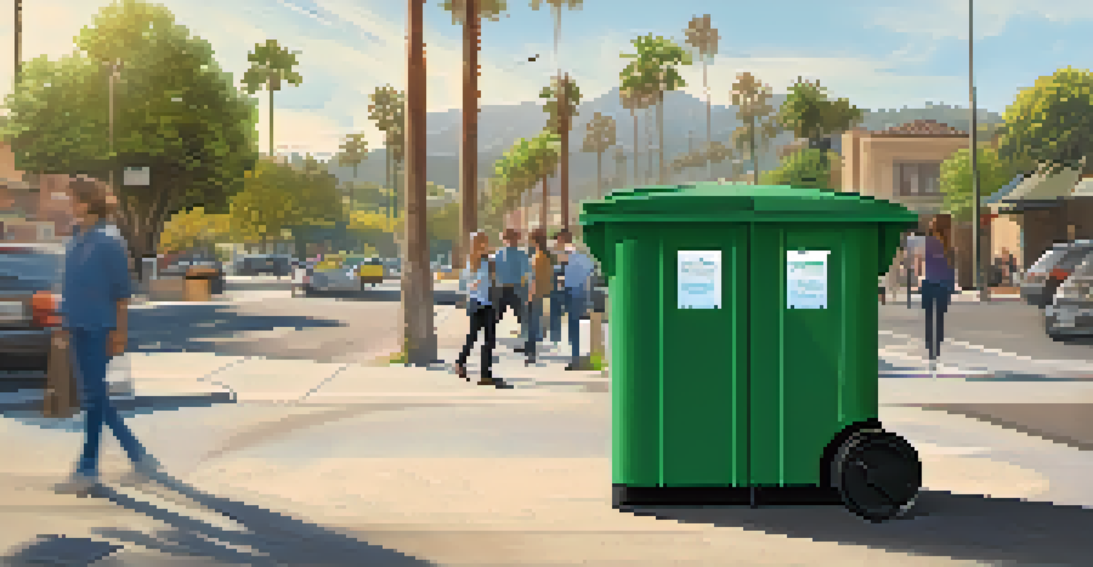 A modern smart trash bin with digital displays on a sunny street in Santa Barbara, illustrating technology in waste management.