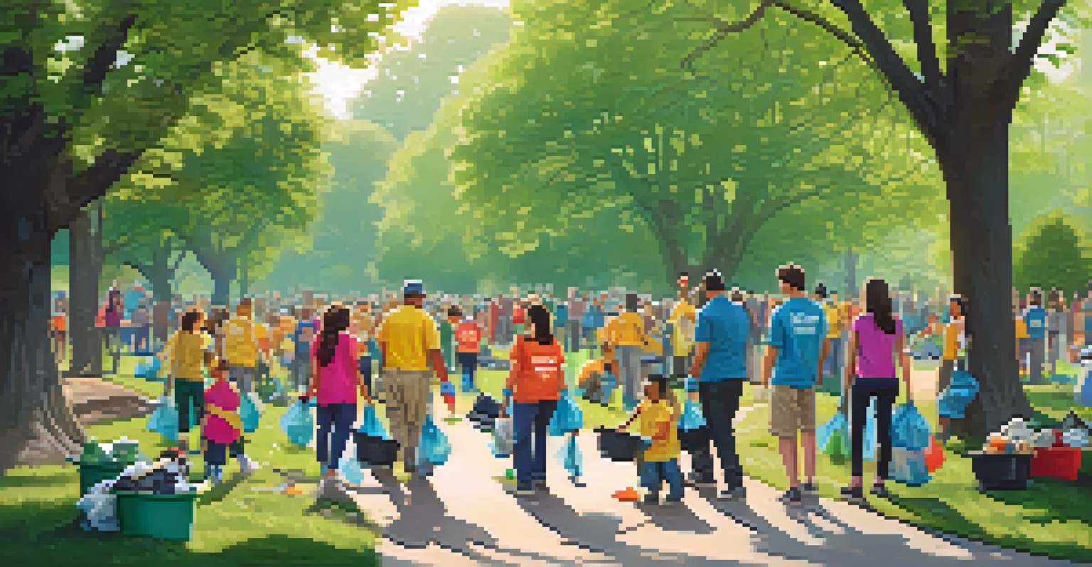 Volunteers of different ages participating in a community clean-up event in a sunny park, picking up litter and working together.