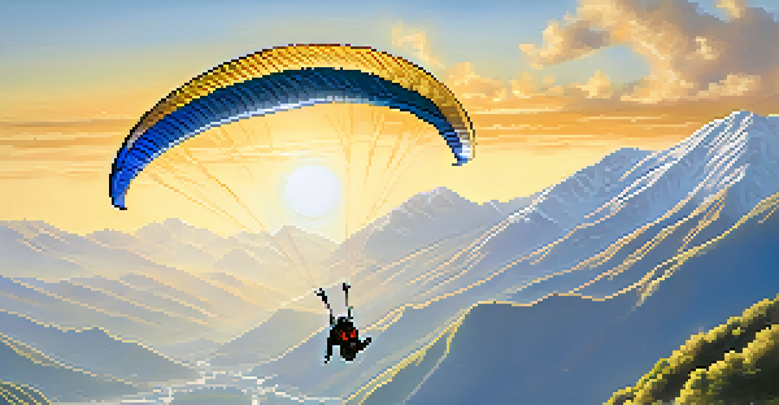 A paraglider descending towards a tranquil valley with mountains, bathed in warm golden light, under a deep blue sky with fluffy clouds.