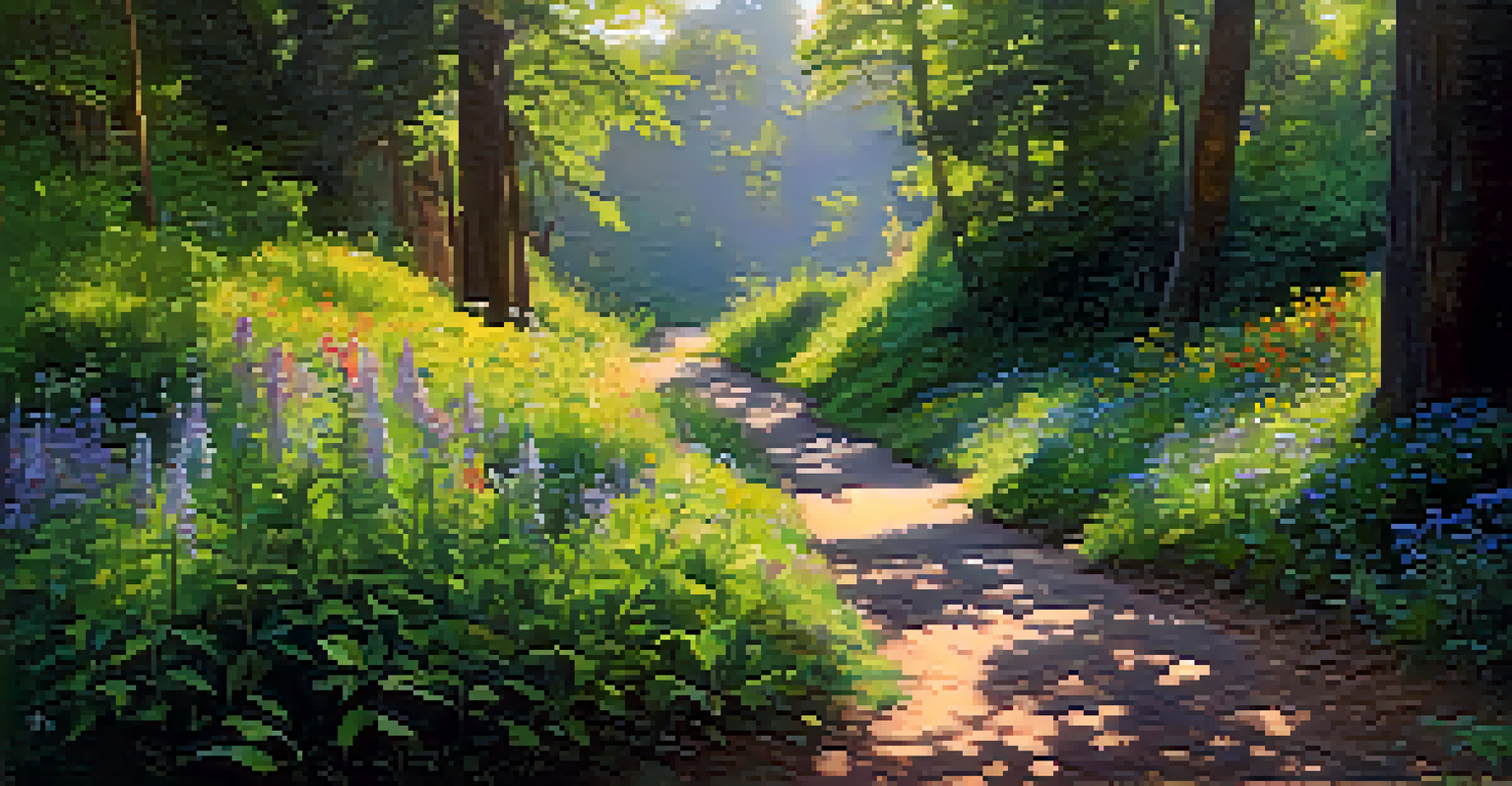 A picturesque hiking trail to the Indian Caves, lined with wildflowers and trees, with soft morning light filtering through the leaves.