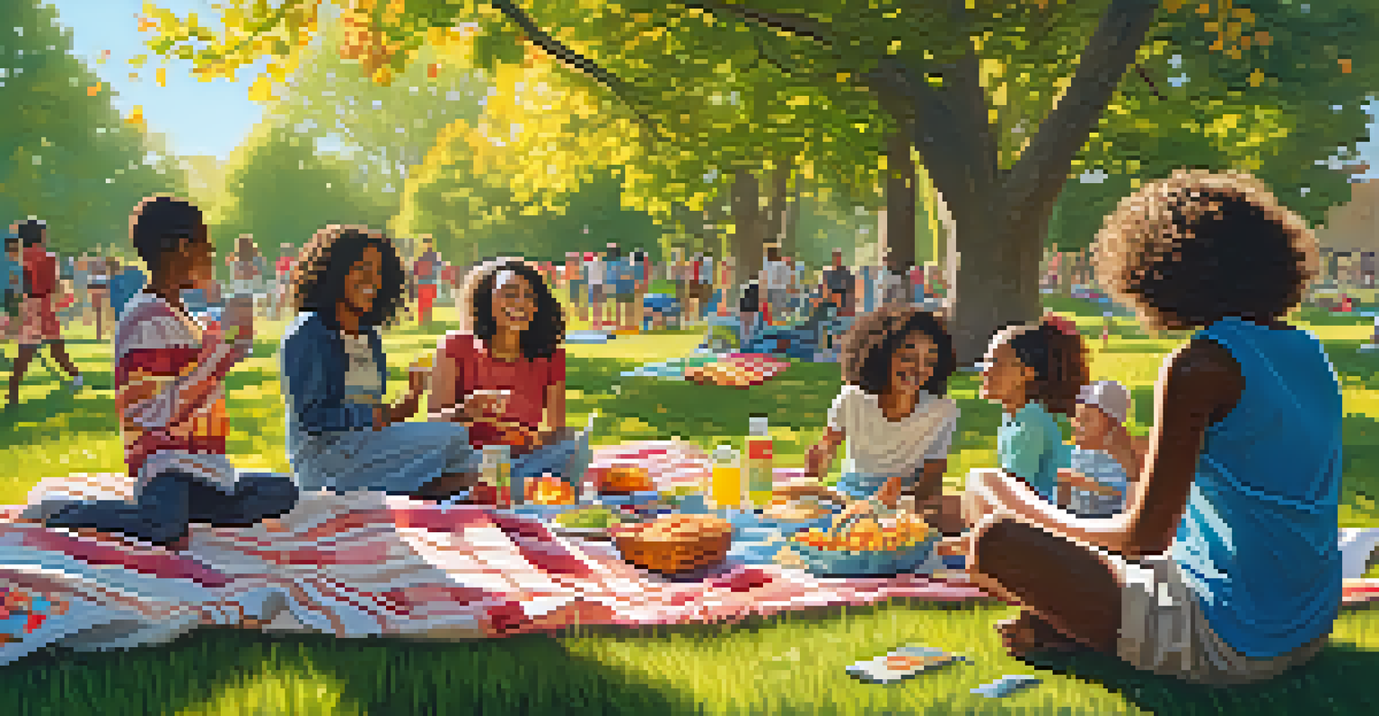 A lively outdoor gathering in a park with people enjoying food and conversation under the sun.
