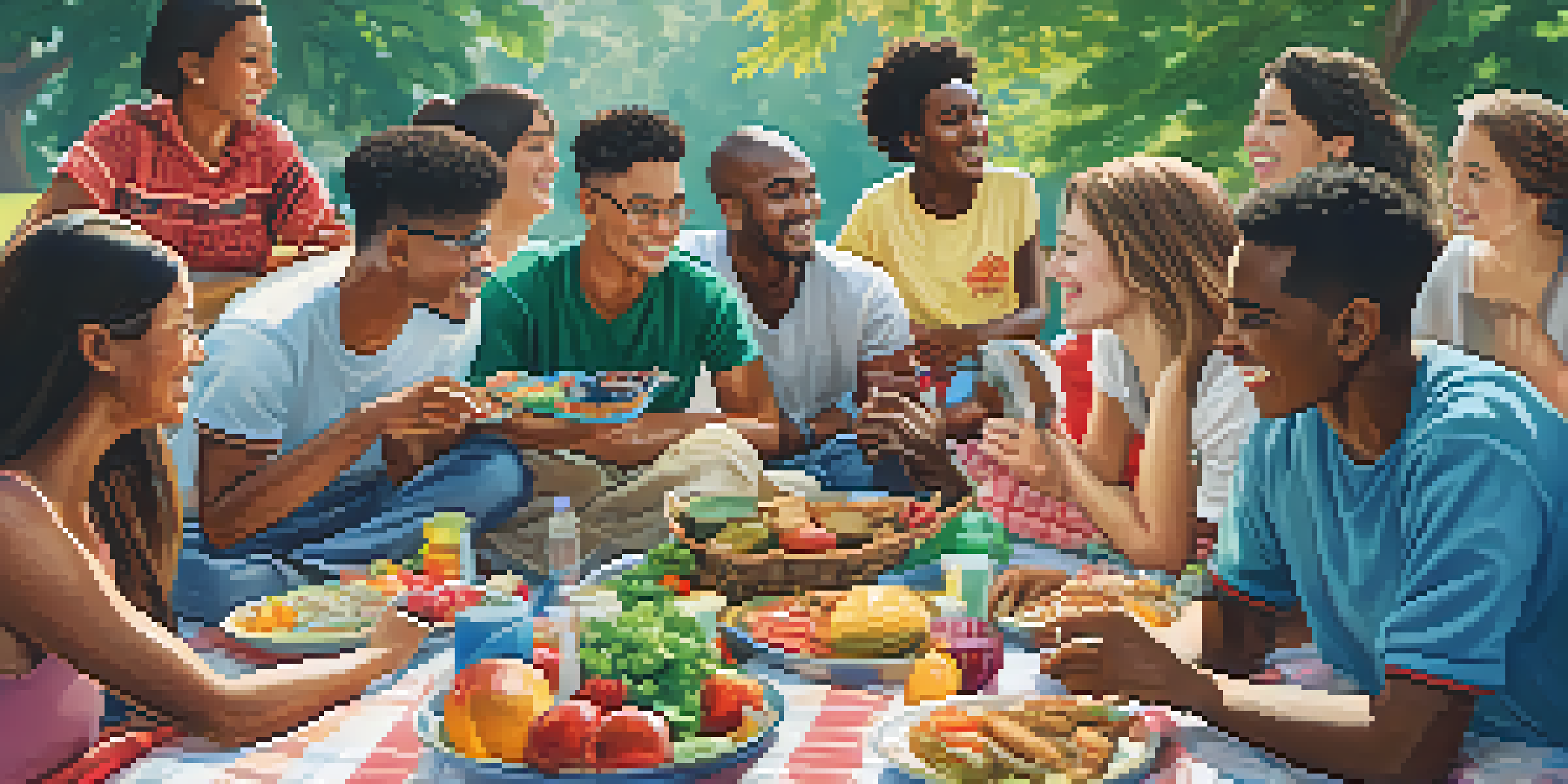 A diverse group of students enjoying a picnic while sharing traditional foods, surrounded by greenery and colorful blankets.