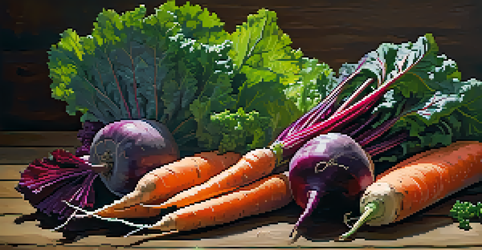 A close-up of fresh organic vegetables on a rustic wooden table, showcasing their vibrant colors and textures in natural light.
