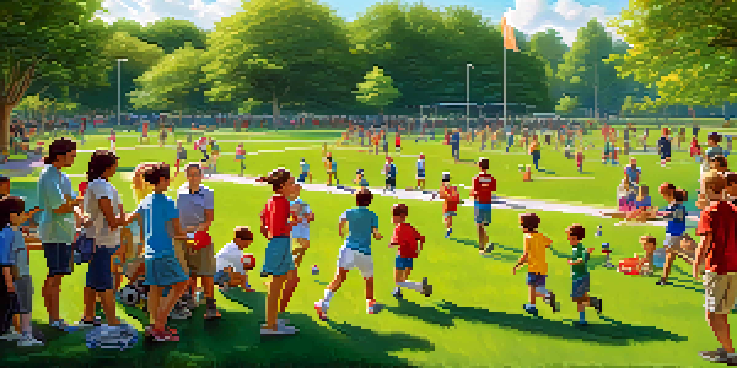 A lively park with children playing soccer, adults jogging, and families picnicking, surrounded by greenery and a community atmosphere.
