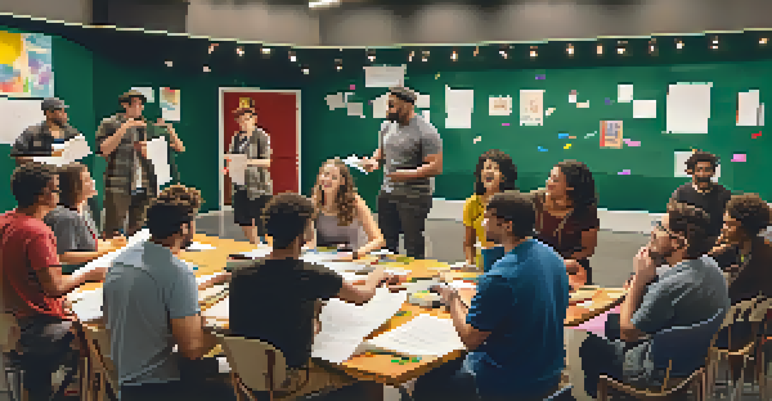 A community theater workshop with diverse individuals brainstorming and collaborating, surrounded by props and scripts.