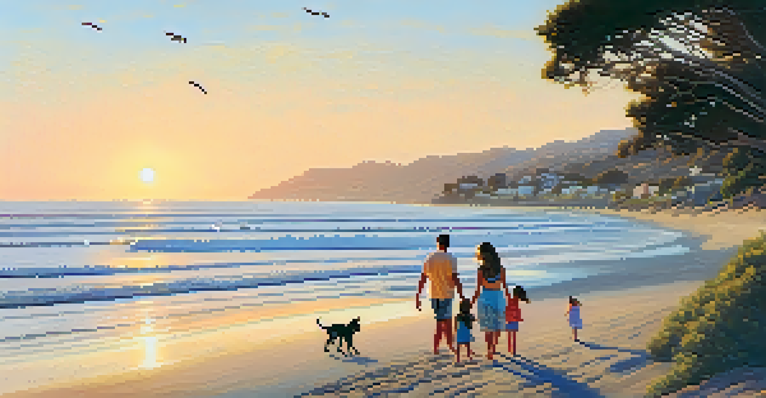 A family walking along the shoreline at Butterfly Beach with the Channel Islands in the background during sunset.
