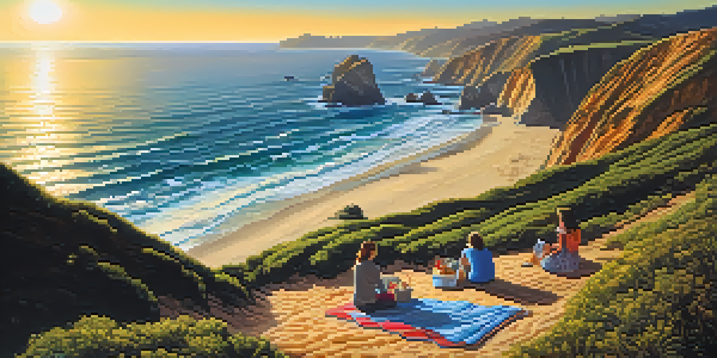 A picturesque coastal scene showing Highway 1 with cliffs and ocean waves, a sunset, and a family having a picnic on the beach.