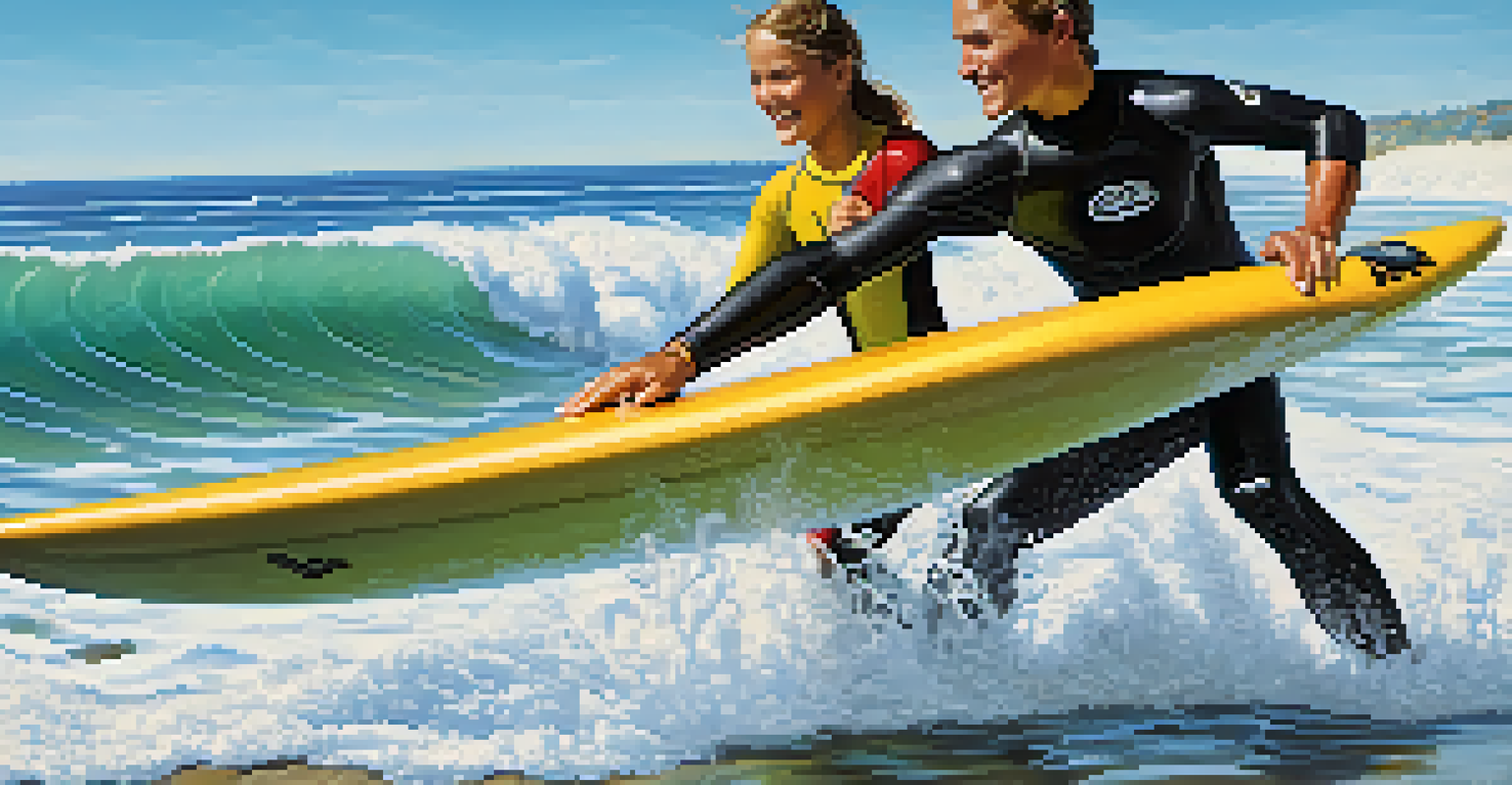 A surf instructor teaching a beginner in the ocean.