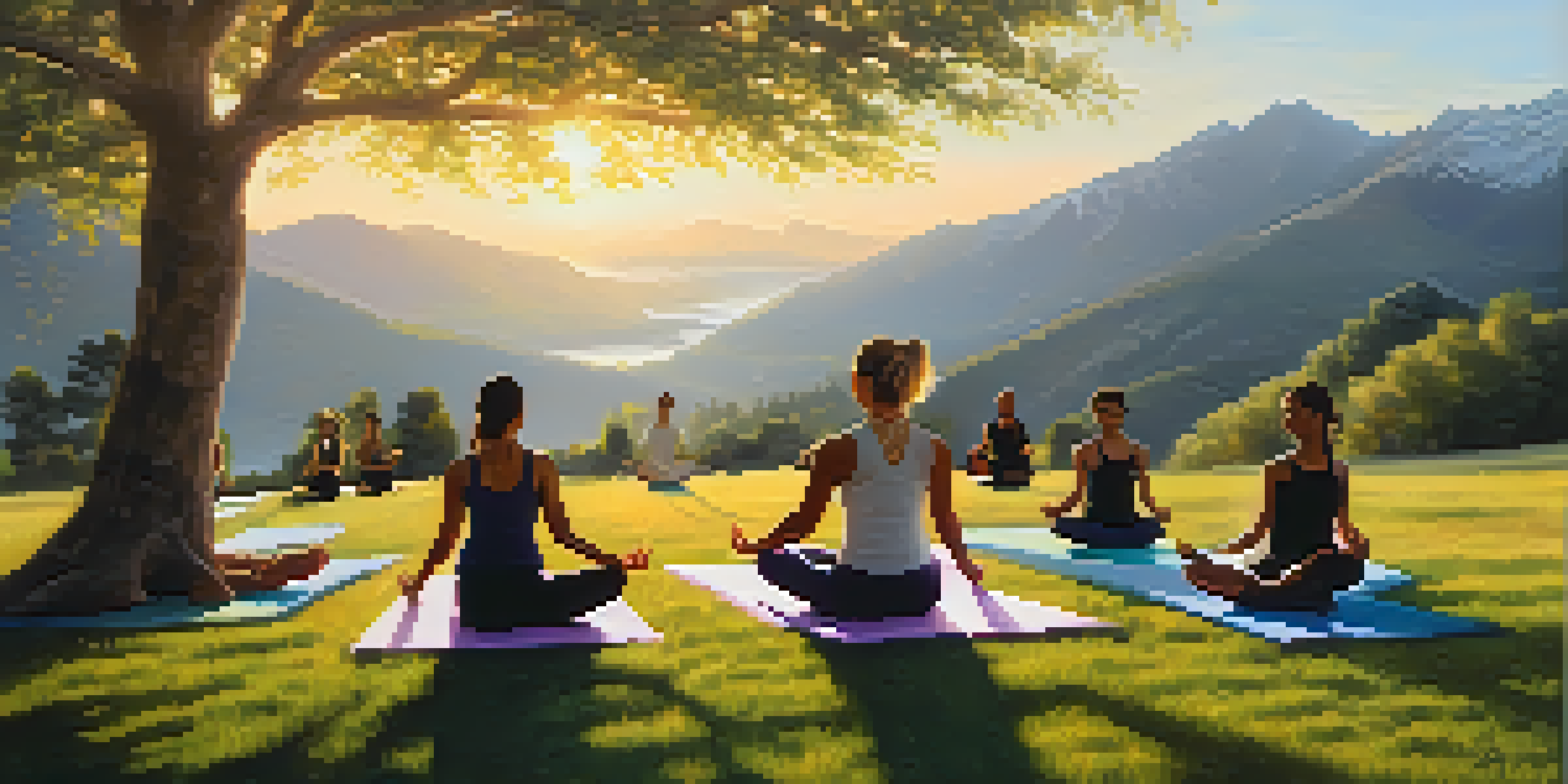 A group of people practicing yoga at sunrise on a grassy hillside with mountains in the background.
