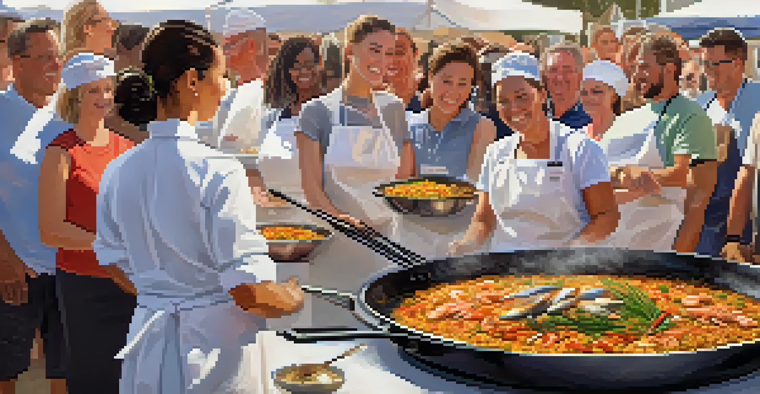 A chef demonstrates how to make seafood paella with eager attendees watching and fresh ingredients surrounding them.