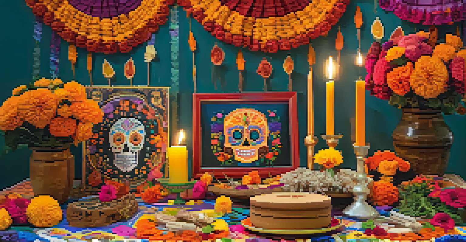 A Dia de los Muertos altar adorned with photos, marigold flowers, and candles, surrounded by colorful decorations.