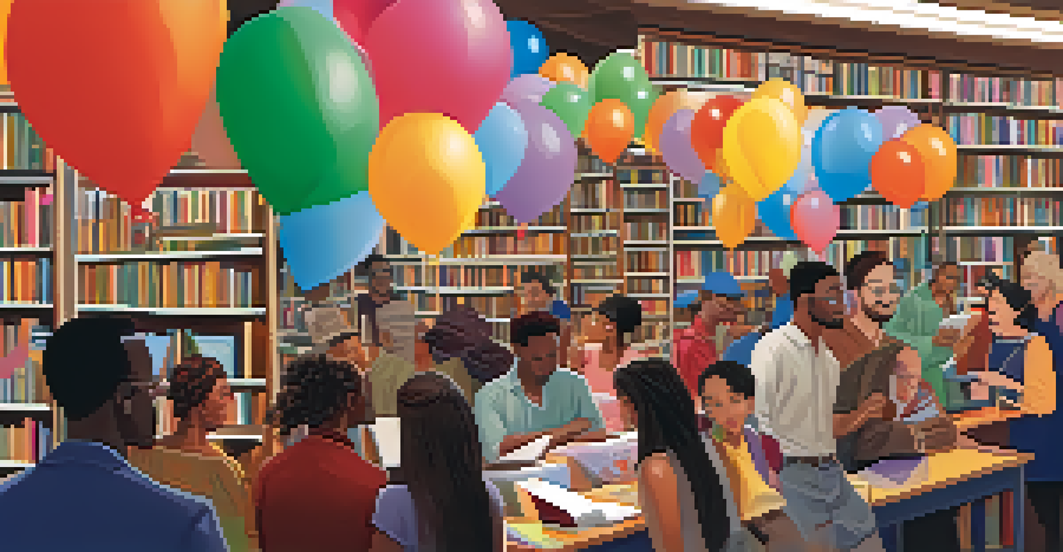 A vibrant scene at a bookstore event with an author signing books and a crowd of diverse attendees interacting around them.
