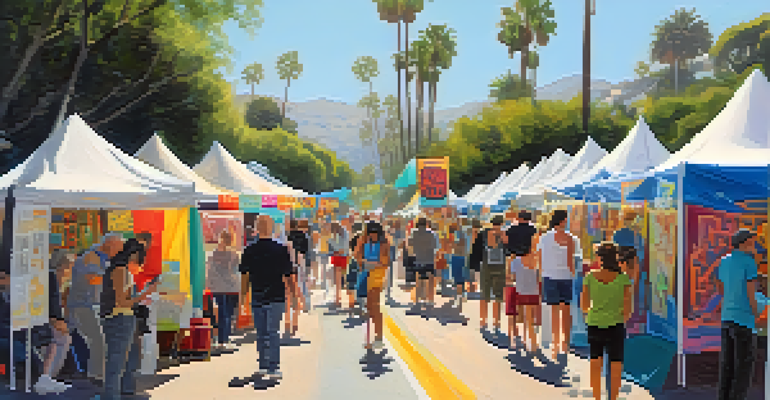 An art walk in Santa Barbara with people exploring colorful temporary art installations and engaging in discussions.