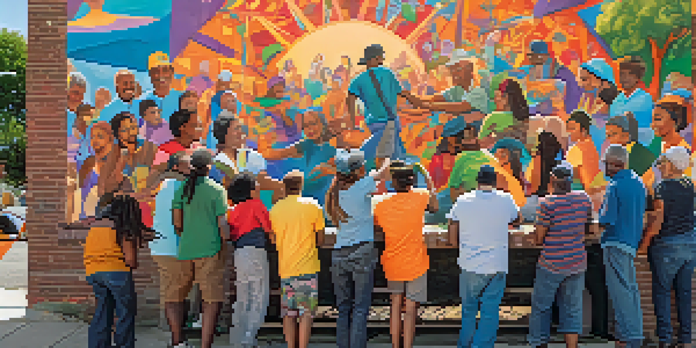 A diverse group of local artists and residents collaboratively painting a colorful mural on a community wall, showcasing various cultural stories and expressions under bright sunlight.