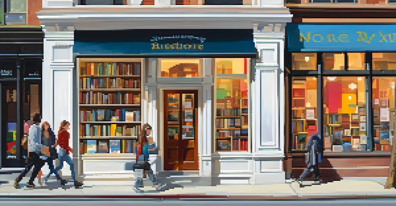 A charming bookstore on a city street, surrounded by street art and cafes, with people walking by.