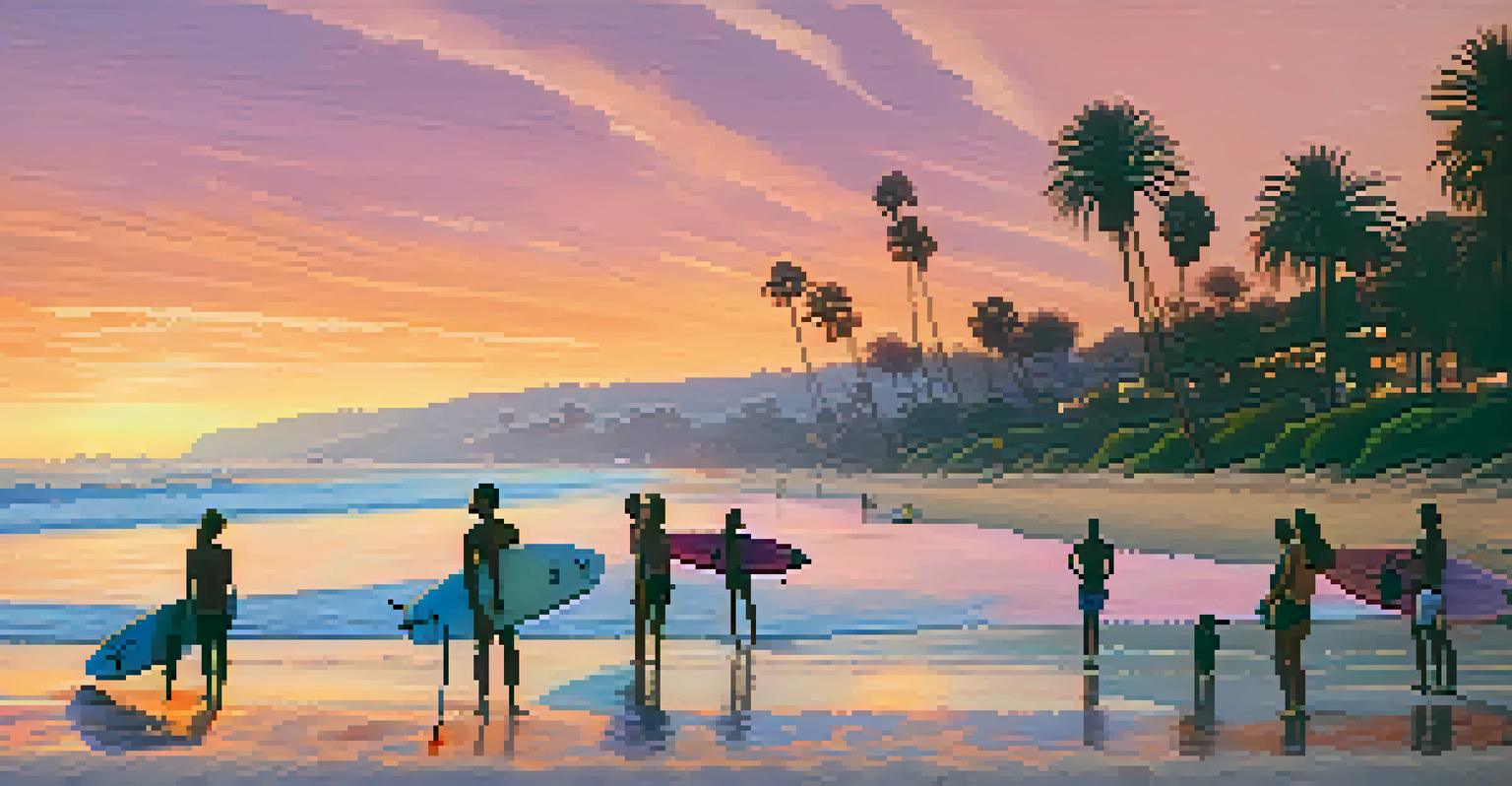 A serene sunset at Butterfly Beach with surfers taking lessons near the shore.