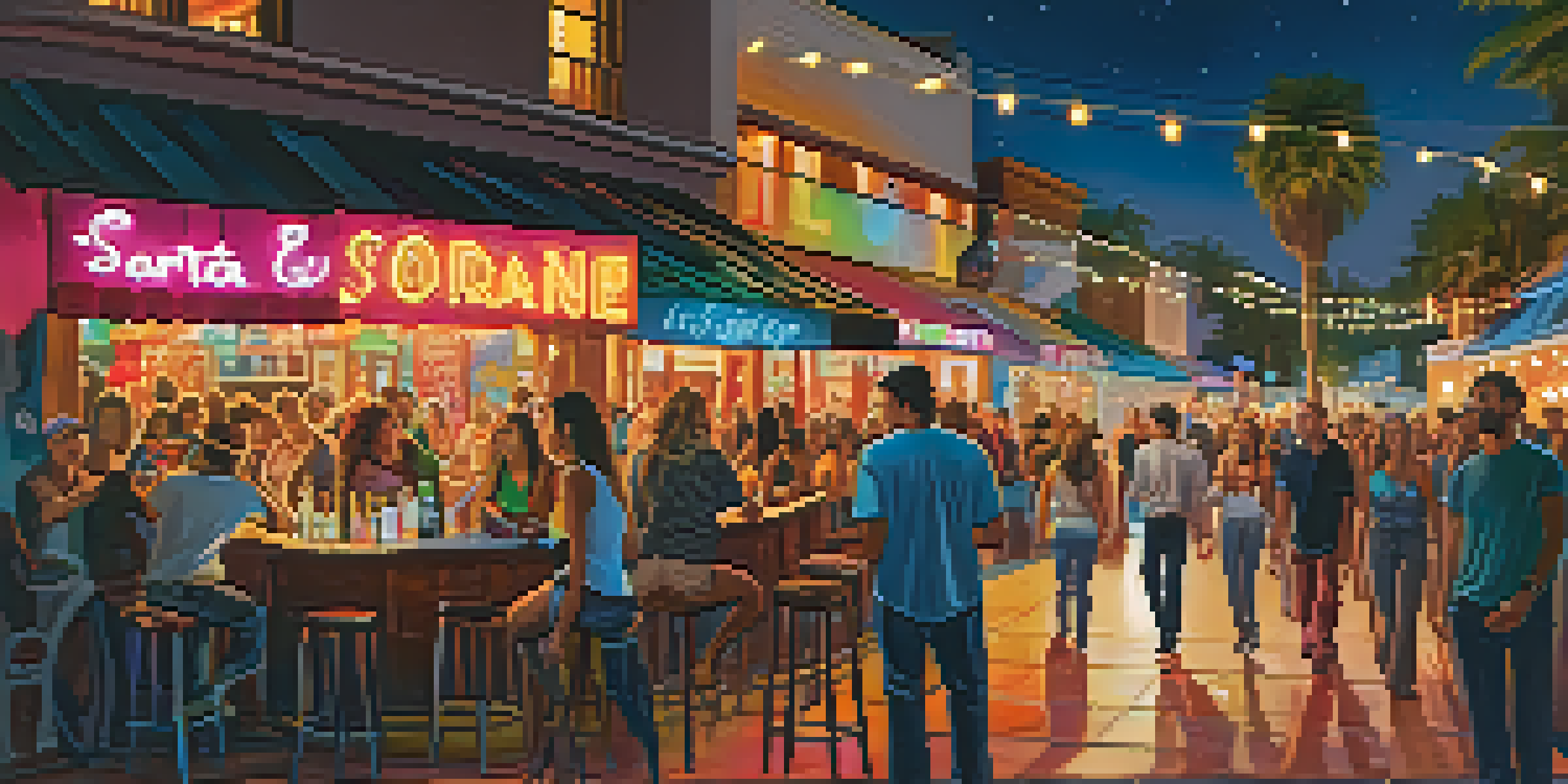 A lively street in Santa Barbara's Funk Zone with colorful murals, trendy bars, and people enjoying the nightlife under string lights and neon signs.