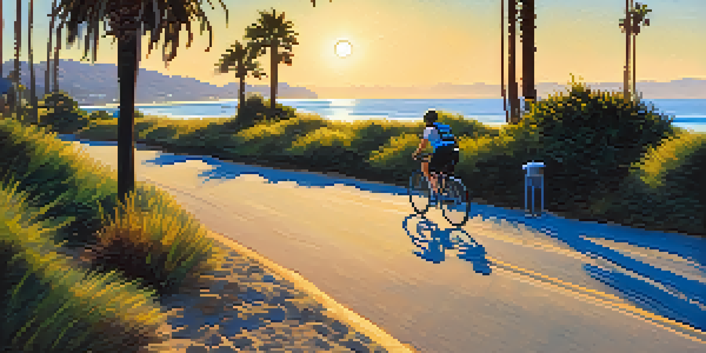 Cyclists on the Cabrillo Bike Path with ocean views and palm trees during sunset.