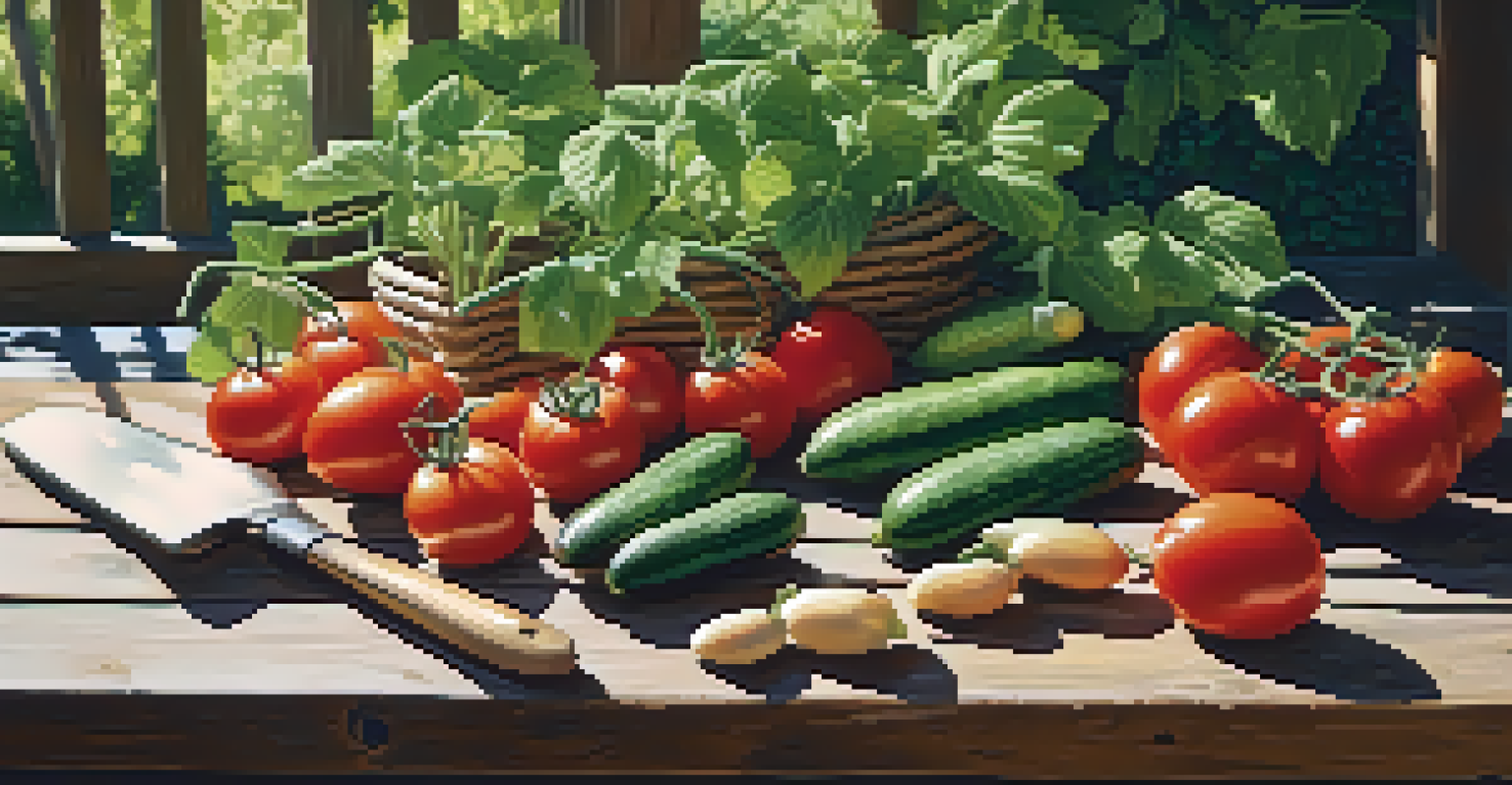 A rustic table in a community garden filled with freshly harvested vegetables and herbs, showcasing the rewards of gardening.