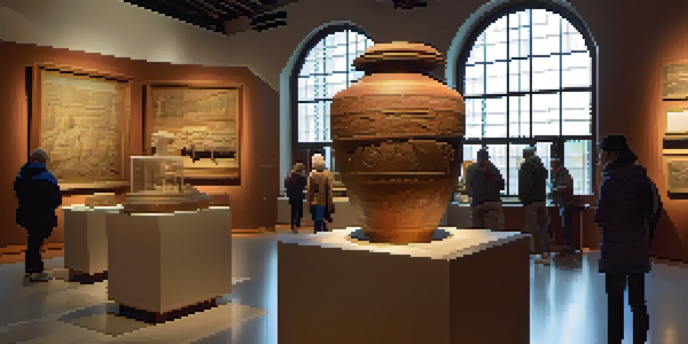 A museum exhibit displaying ancient pottery and sculptures, with visitors interacting with the artifacts under warm lighting and large windows.