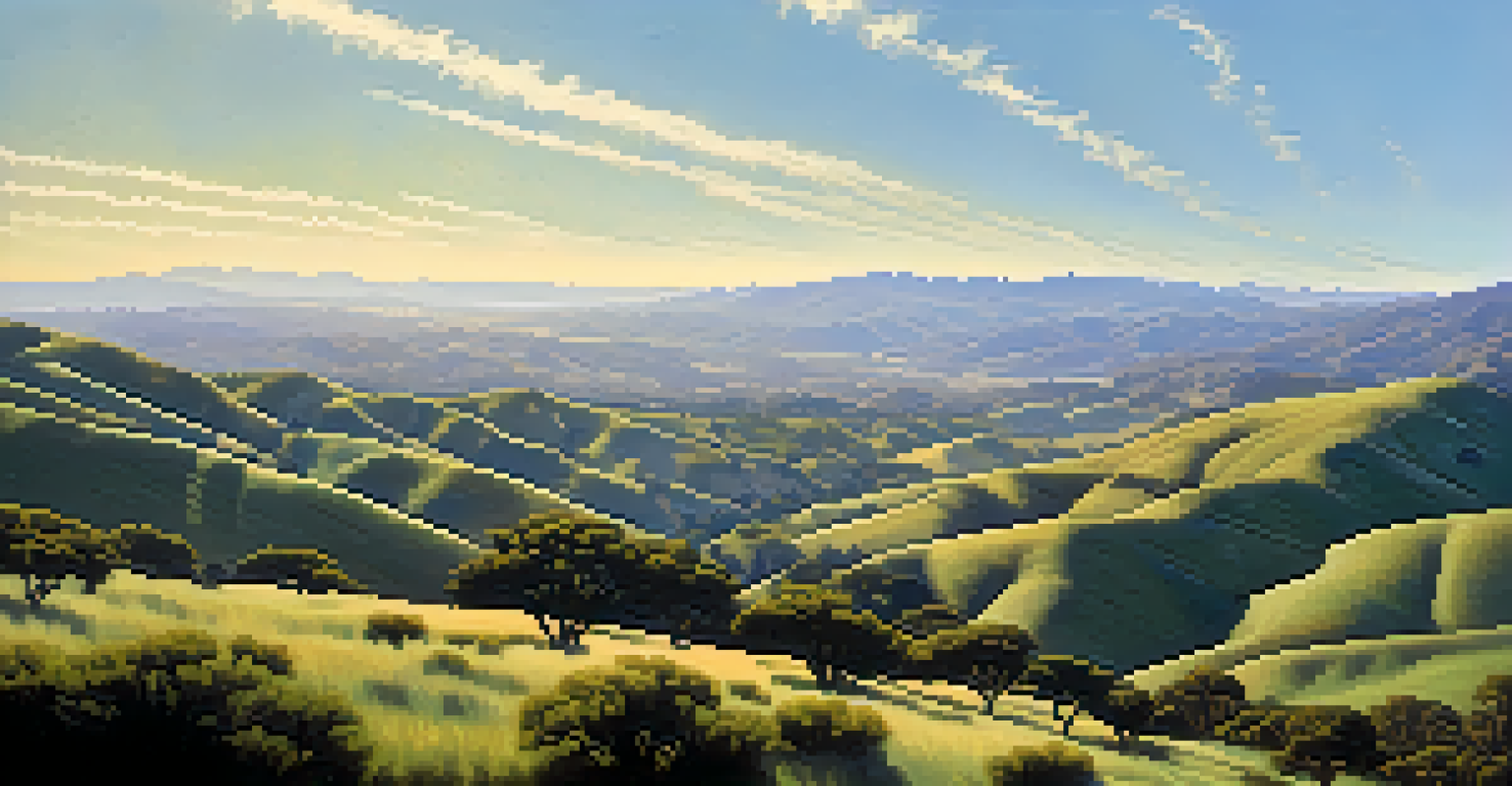 A panoramic landscape view from Santa Ynez Mountains showcasing green hills and coastline under a blue sky.