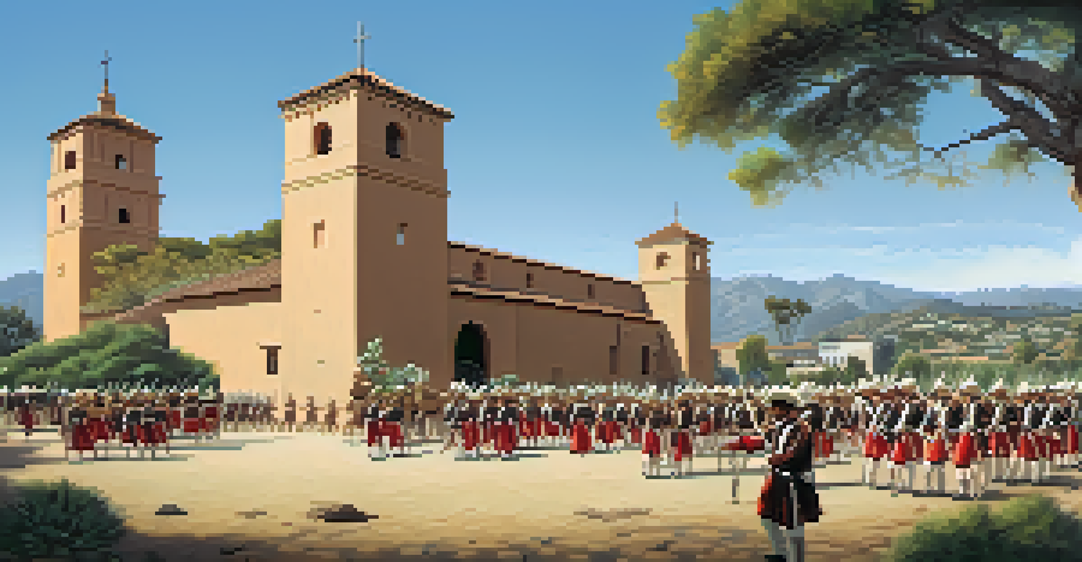 A historical depiction of the Santa Barbara Presidio in 1782, featuring adobe buildings and soldiers in traditional attire.