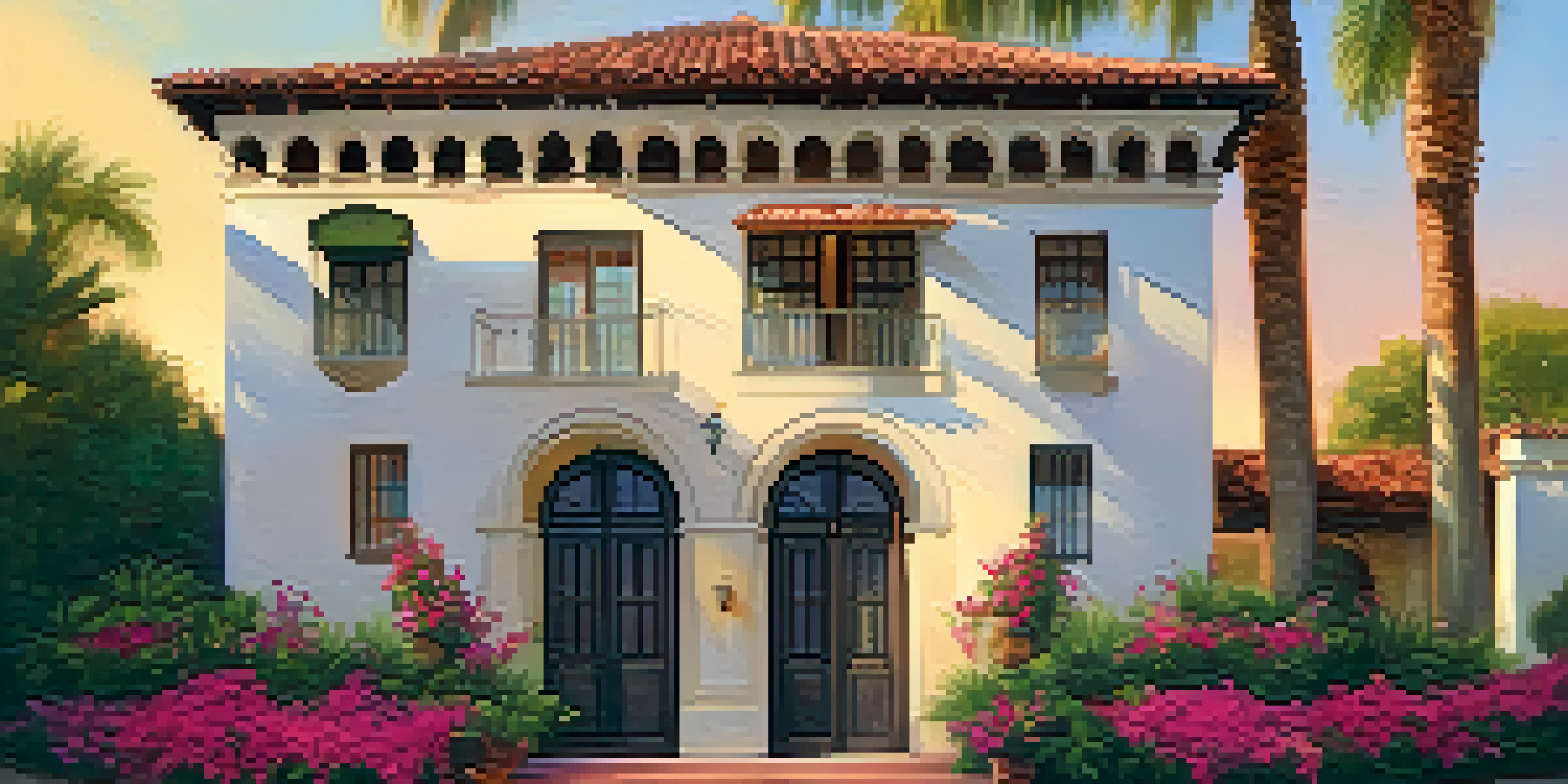 A restored historic landmark in Santa Barbara with Spanish Colonial Revival architecture, surrounded by vibrant flowers and community members chatting.