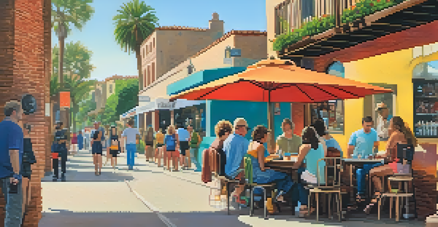 Tourists enjoying coffee and interacting in Santa Barbara's Funk Zone, surrounded by colorful street art.