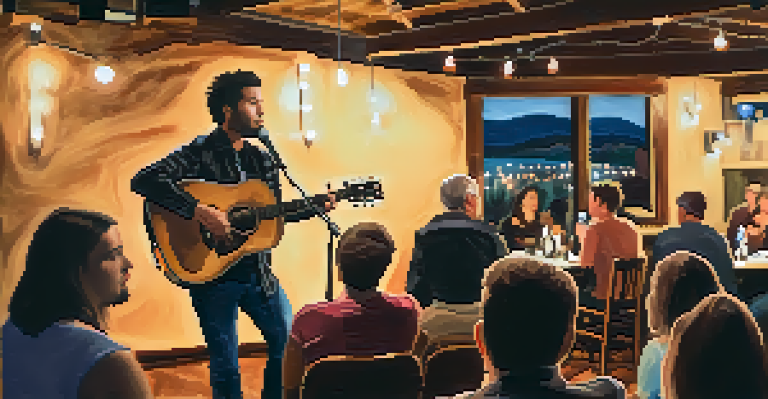 A cozy acoustic music performance in a local venue with a singer on stage and audience members enjoying the intimate atmosphere.